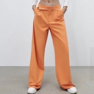 Zara Vibrant Orange Pumpkin Asymmetrical Waist Wide -Leg Pants SZ Medium